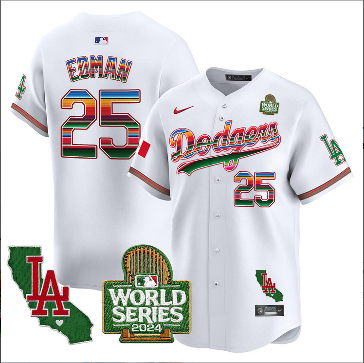 Men MLB Mexico Los Angeles Dodgers #25 Edman white 2024 World Series Champions Patch Jersey 2024110 style 2